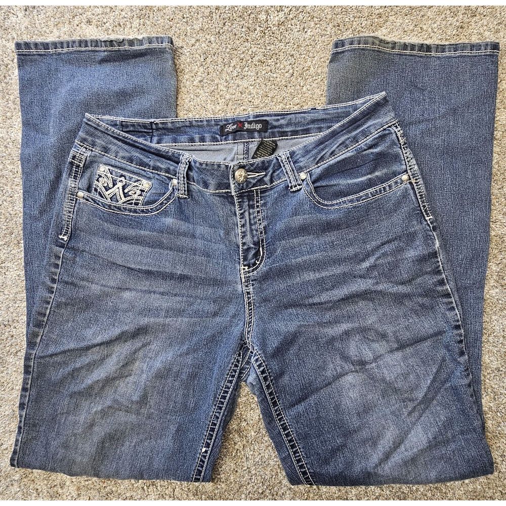 Love Indigo Women's Boot Cut Denim Jeans Distressed‎ Embellished Pockets Size 12